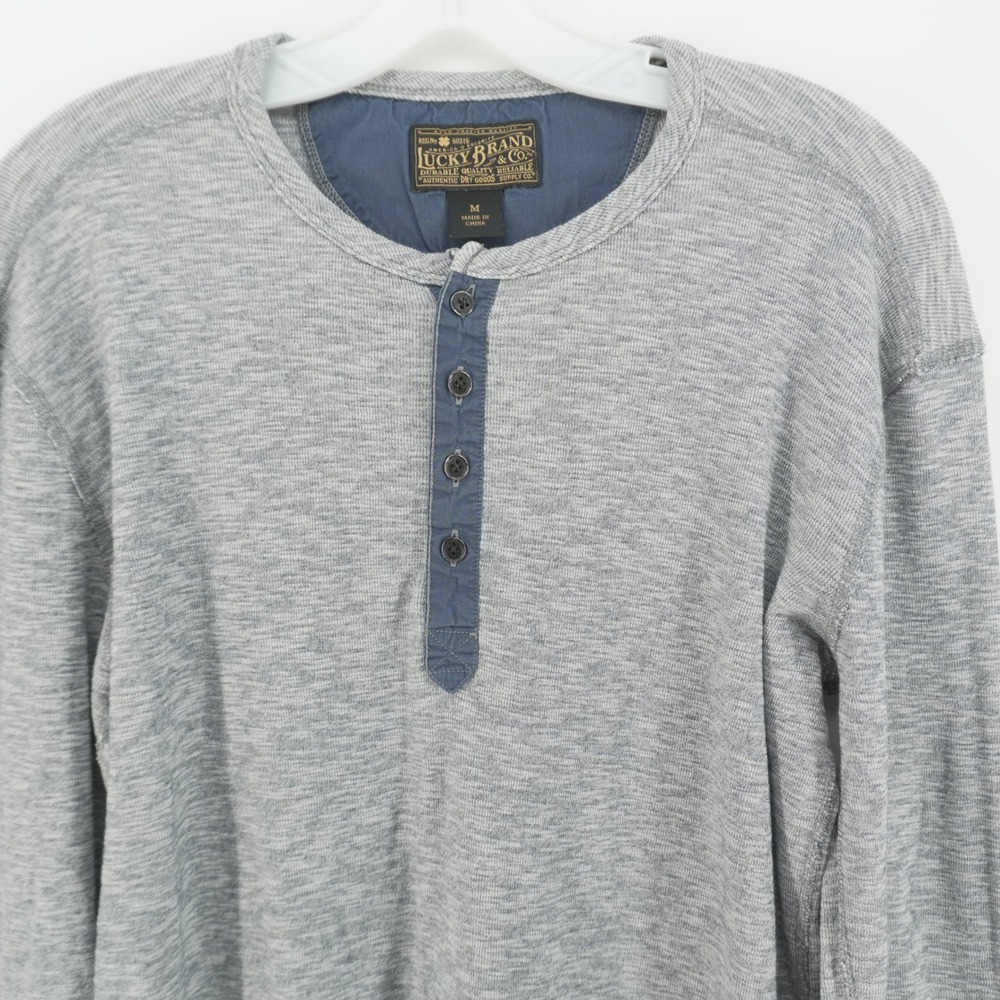 Lucky Brand Henley Top Mens M Blue Marled Long Sleeve Cotton Textured Shirt